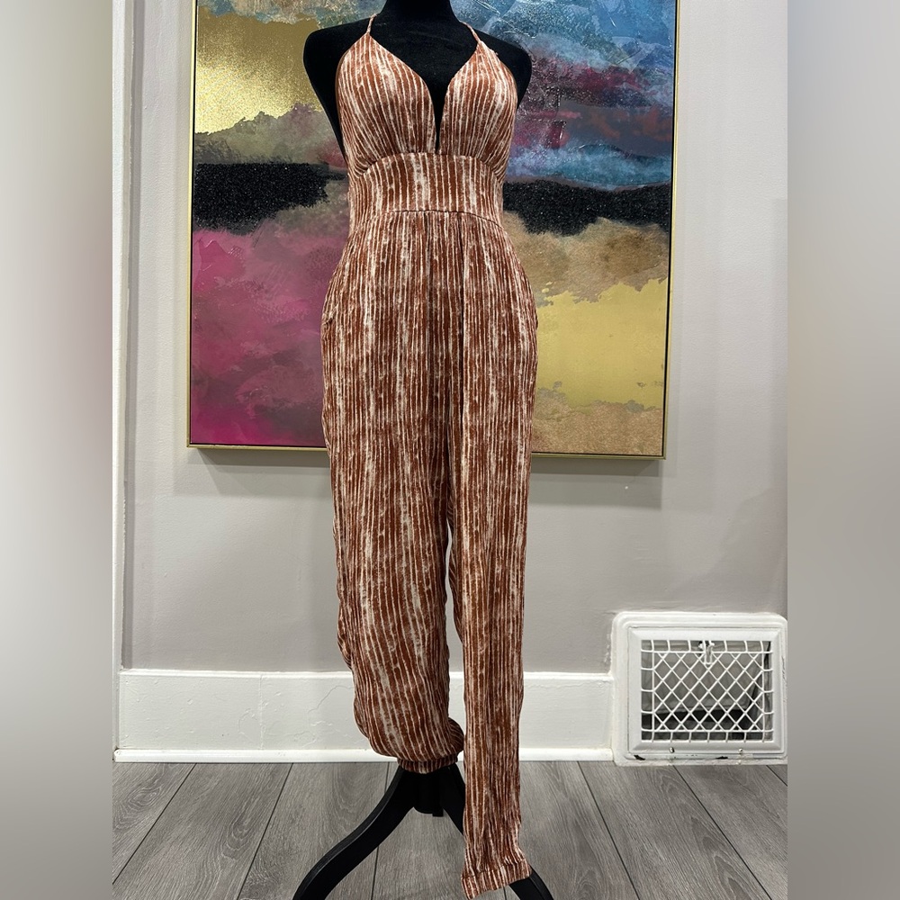Windsor Halter Striped Jumpsuit in Brown